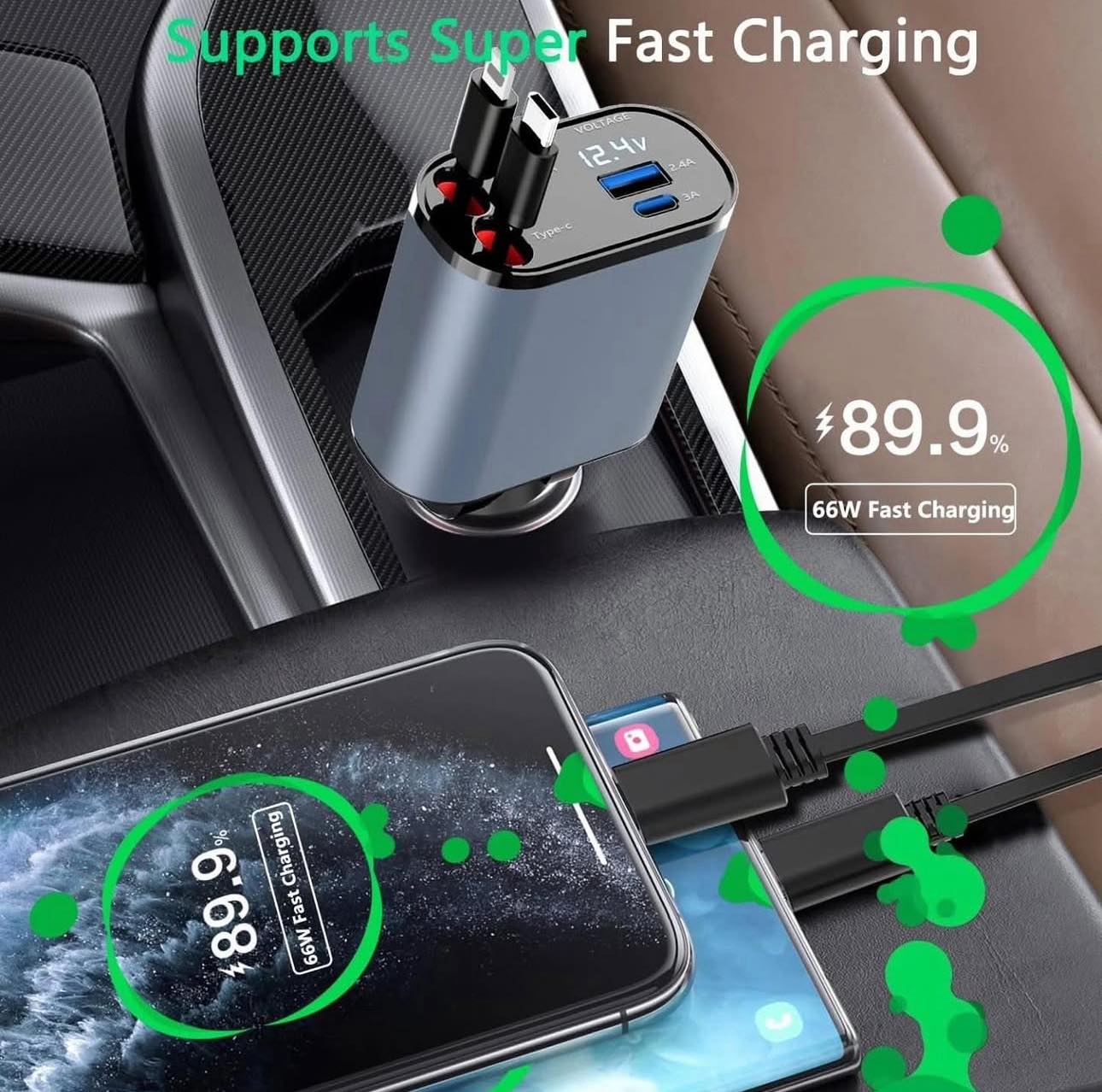 4u1 Auto Punjač sa LED Ekranom i Brzim PUNJENJEM (66W)