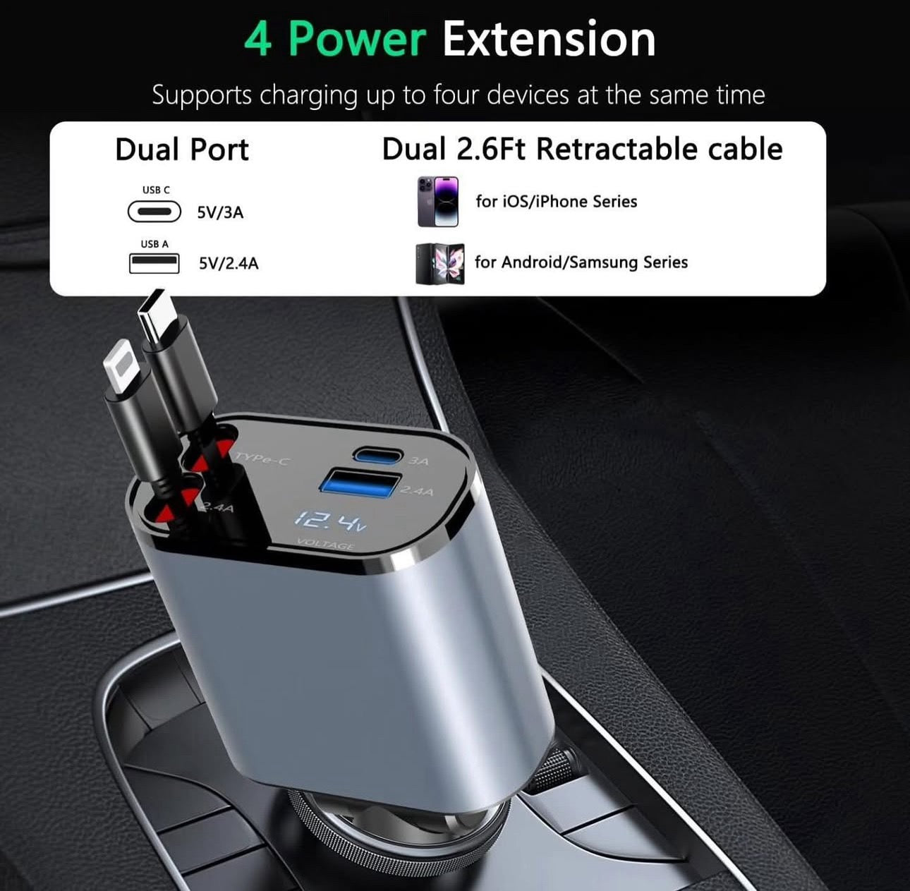 4u1 Auto Punjač sa LED Ekranom i Brzim PUNJENJEM (66W)